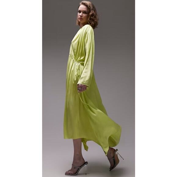 Topshop Occasion Dress Long Sleeve Ruched Keyhole Back Maxi Blouson Lime M - Picture 2 of 9